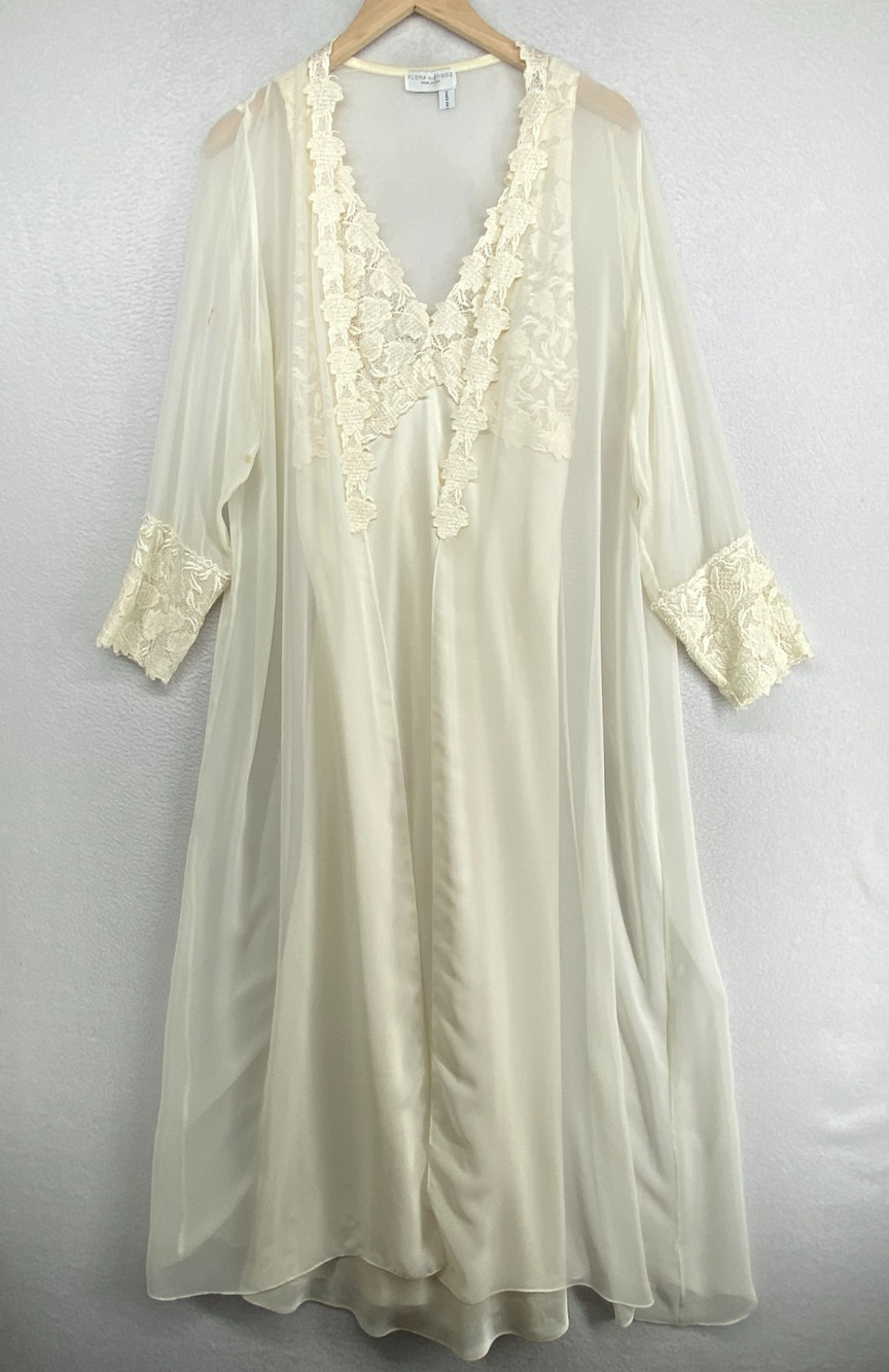 FLORA NIKROOZ Set M Satin Lace Trim Nightgown Sheer Chiffon Peignoir Robe Ivory